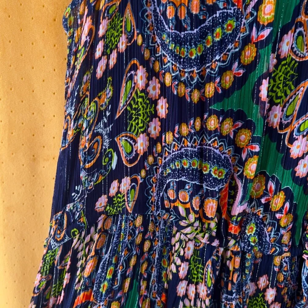 Anthropologie Green Paisley Midi Dress with Navy & Pink Accents